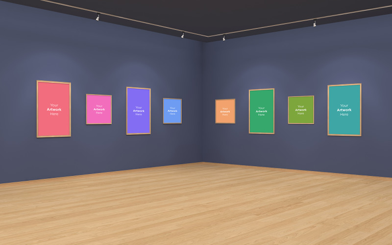 Download Мокап для продукта "Art Gallery Frames Muckup with spot lights 3D Illustration and 3D rendering product mockup" / Art Gallery Frames Muckup with spot lights 3D Illustration and 3D rendering product mockup - Мокап для продукта на тему графика studio,photo,light,rendering,concept,architecture,wall,mockup,interior,gallery,white,room,art,empty,space,picture,mock,up,blank,exhibition