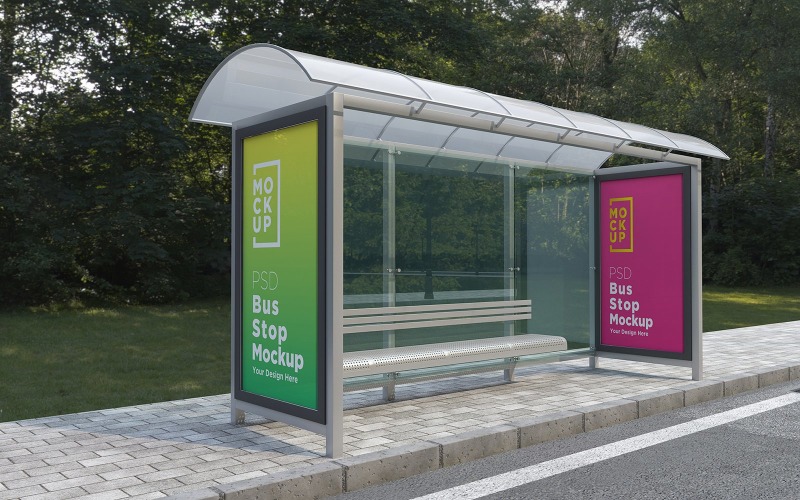 Download Мокап для продукта "Bus Stop with 2 Sign product mockup" / Bus Stop with 2 Sign product mockup - Мокап для продукта на тему графика communication,mock up,signboard,transport,road,roadside,frame,station,billboard,street,city,board,poster,blank,mockup,commercial,bus,stop,advertisement marketing,advertisement