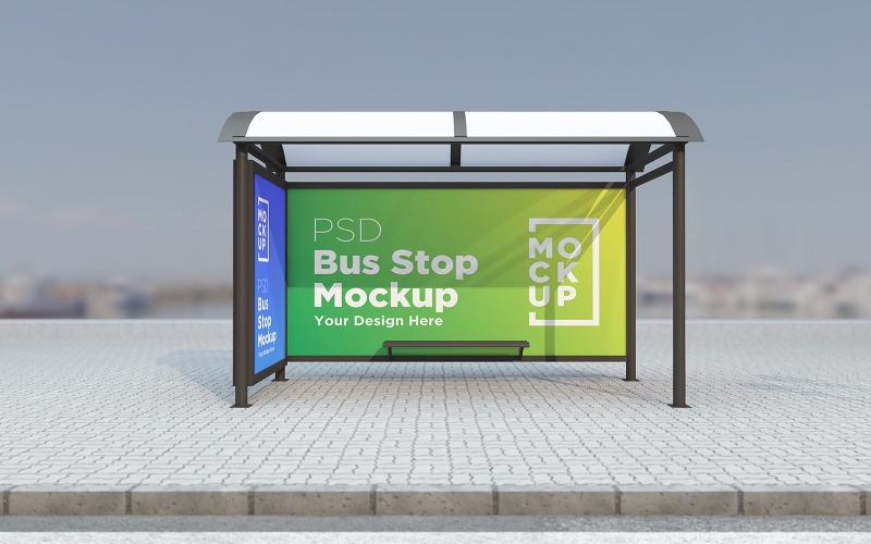 Arrêt de bus avec 2 maquettes de produits de signalisation publicitaire Billboard