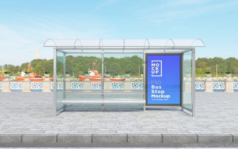 Download Мокап для продукта "Bus Stop Shelter Billboard advertising product mockup" / Bus Stop Shelter Billboard advertising product mockup - Мокап для продукта на тему графика communication,mock up,signboard,transport,road,roadside,frame,station,billboard,street,city,board,poster,blank,mockup,commercial,bus,stop,advertisement marketing,advertisement