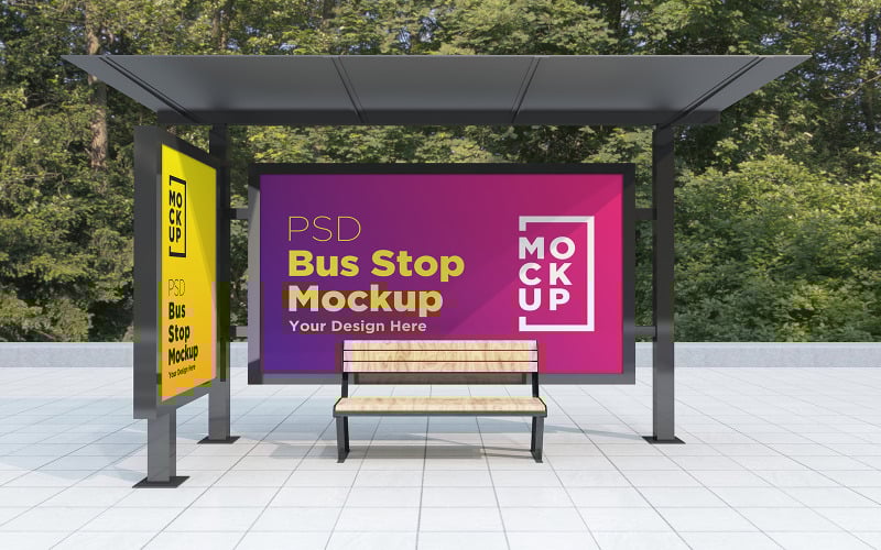 Download Мокап для продукта "Bus Stop with 2 billboard advertising product mockup" / Bus Stop with 2 billboard advertising product mockup - Мокап для продукта на тему графика communication,mock up,signboard,transport,road,roadside,frame,station,billboard,street,city,board,poster,blank,mockup,commercial,bus,stop,advertisement marketing,advertisement