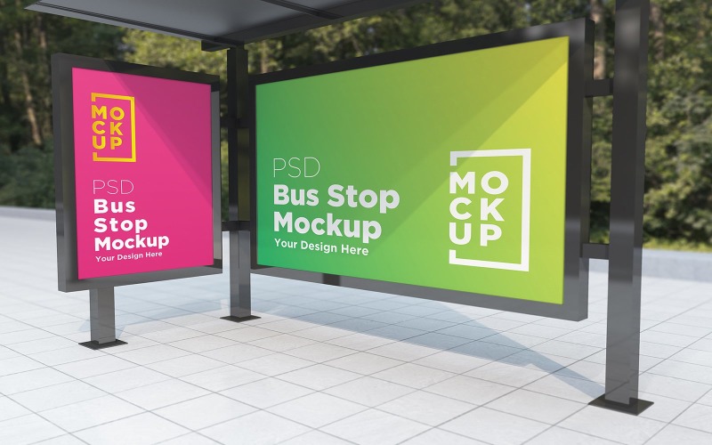 Download Мокап для продукта "Bus Stop with 2 sign advertising product mockup" / Bus Stop with 2 sign advertising product mockup - Мокап для продукта на тему графика communication,mock up,signboard,transport,road,roadside,frame,station,billboard,street,city,board,poster,blank,mockup,commercial,bus,stop,advertisement marketing,advertisement