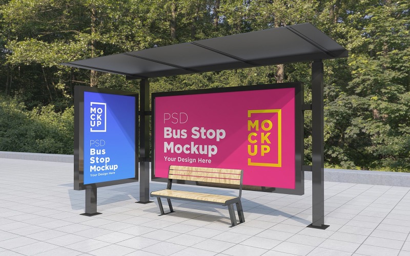 Download Мокап для продукта "Bus Stop with 2 signage advertising product mockup" / Bus Stop with 2 signage advertising product mockup - Мокап для продукта на тему графика communication,mock up,signboard,transport,road,roadside,frame,station,billboard,street,city,board,poster,blank,mockup,commercial,bus,stop,advertisement marketing,advertisement