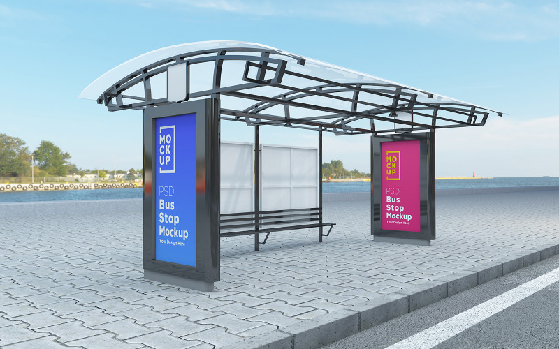 Download Мокап для продукта "Bus Stop with 2 Signage product mockup" / Bus Stop with 2 Signage product mockup - Мокап для продукта на тему графика communication,mock up,signboard,transport,road,roadside,frame,station,billboard,street,city,board,poster,blank,mockup,commercial,bus,stop,advertisement marketing,advertisement