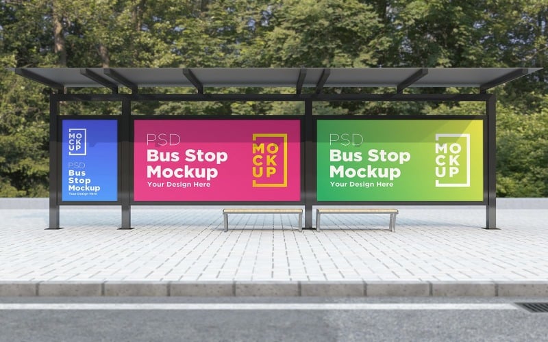 Bus Stop with 3 Billboard advertisement sign product mockup
