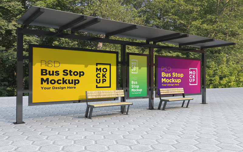 Bus Stop with 3 signage advertising product mockup
