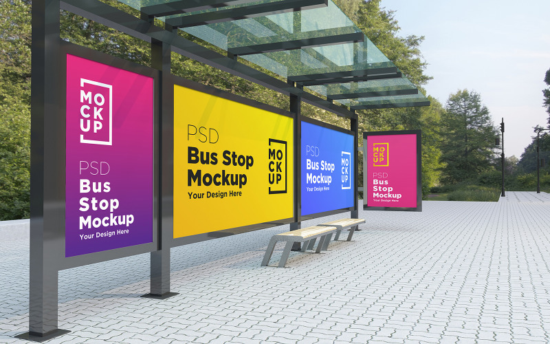 Download Мокап для продукта "Bus Stop with 4 Billboard advertisement signage product mockup" / Bus Stop with 4 Billboard advertisement signage product mockup - Мокап для продукта на тему графика communication,mock up,signboard,transport,road,roadside,frame,station,billboard,street,city,board,poster,blank,mockup,commercial,bus,stop,advertisement marketing,advertisement