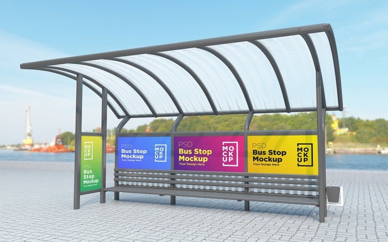 Download Мокап для продукта "Bus Stop with 4 Sign advertisement product mockup" / Bus Stop with 4 Sign advertisement product mockup - Мокап для продукта на тему графика communication,mock up,signboard,transport,road,roadside,frame,station,billboard,street,city,board,poster,blank,mockup,commercial,bus,stop,advertisement marketing,advertisement
