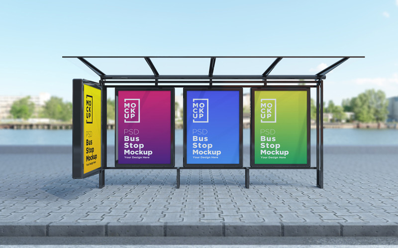 Download Мокап для продукта "Bus Stop with 4 Sign product mockup" / Bus Stop with 4 Sign product mockup - Мокап для продукта на тему графика communication,mock up,signboard,transport,road,roadside,frame,station,billboard,street,city,board,poster,blank,mockup,commercial,bus,stop,advertisement marketing,advertisement