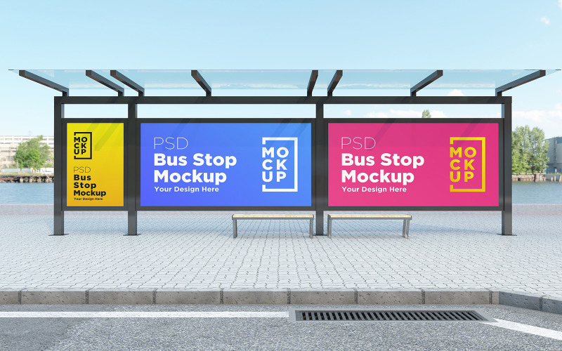 Download Мокап для продукта "Bus Stop with Three Signage product mockup" / Bus Stop with Three Signage product mockup - Мокап для продукта на тему графика communication,mock up,signboard,transport,road,roadside,frame,station,billboard,street,city,board,poster,blank,mockup,commercial,bus,stop,advertisement marketing,advertisement