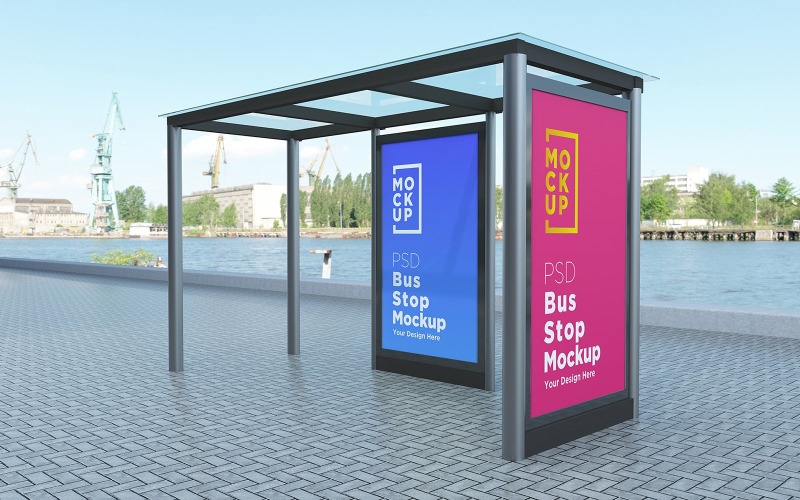 Download Мокап для продукта "Bus Stop with two Sign advertising product mockup" / Bus Stop with two Sign advertising product mockup - Мокап для продукта на тему графика communication,mock up,signboard,transport,road,roadside,frame,station,billboard,street,city,board,poster,blank,mockup,commercial,bus,stop,advertisement marketing,advertisement