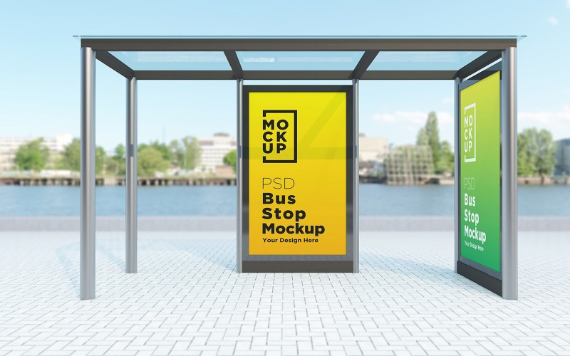 Download Мокап для продукта "Bus Stop with two Sign product mockup" / Bus Stop with two Sign product mockup - Мокап для продукта на тему графика communication,mock up,signboard,transport,road,roadside,frame,station,billboard,street,city,board,poster,blank,mockup,commercial,bus,stop,advertisement marketing,advertisement