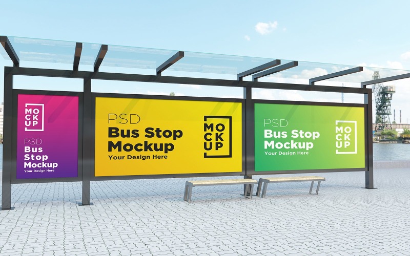 Buszmegálló a három óriásplakát reklámfeliratok termékmockupjával