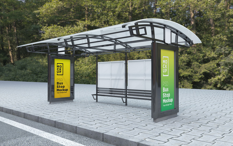 Download Мокап для продукта "City Bus Stop whit 2 Sign product mockup" / City Bus Stop whit 2 Sign product mockup - Мокап для продукта на тему графика communication,mock up,signboard,transport,road,roadside,frame,station,billboard,street,city,board,poster,blank,mockup,commercial,bus,stop,advertisement marketing,advertisement