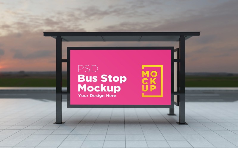 Download Мокап для продукта "Evening View Bus Stop billboard product mockup" / Evening View Bus Stop billboard product mockup - Мокап для продукта на тему графика communication,mock up,signboard,transport,road,roadside,frame,station,billboard,street,city,board,poster,blank,mockup,commercial,bus,stop,advertisement marketing,advertisement