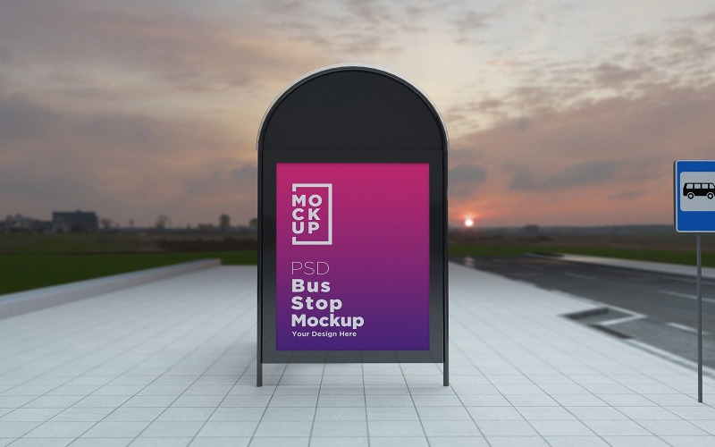 Download Мокап для продукта "Evening View Bus Stop sign advertising signage product mockup" / Evening View Bus Stop sign advertising signage product mockup - Мокап для продукта на тему графика communication,mock up,signboard,transport,road,roadside,frame,station,billboard,street,city,board,poster,blank,mockup,commercial,bus,stop,advertisement marketing,advertisement