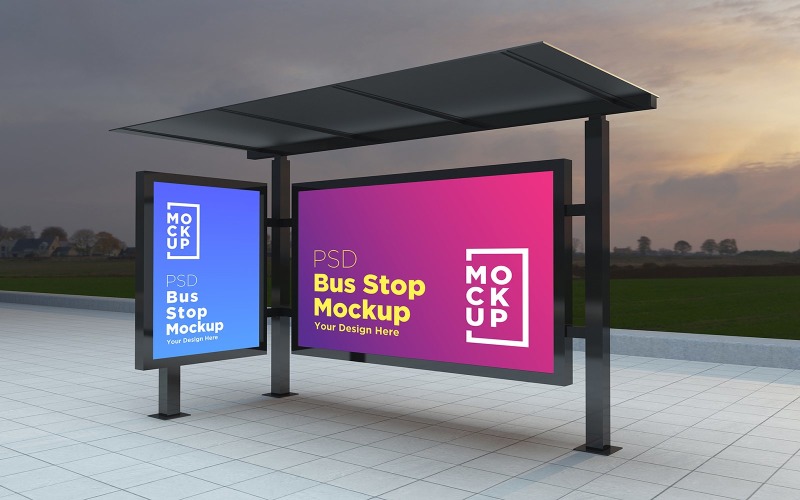 Download Мокап для продукта "Evening View Bus Stop Signage product mockup" / Evening View Bus Stop Signage product mockup - Мокап для продукта на тему графика communication,mock up,signboard,transport,road,roadside,frame,station,billboard,street,city,board,poster,blank,mockup,commercial,bus,stop,advertisement marketing,advertisement