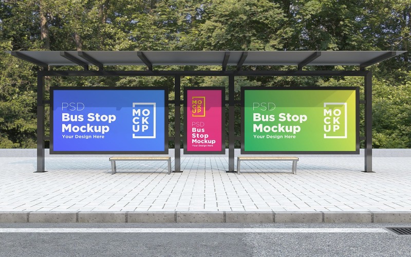 Fermata dell'autobus con 3 mockup di prodotti per segnaletica pubblicitaria per cartelloni pubblicitari