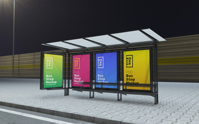 Download Мокап для продукта "Night View Bus Stop 4 Billboard product mockup" / Night View Bus Stop 4 Billboard product mockup - Мокап для продукта на тему графика communication,mock up,signboard,transport,road,roadside,frame,station,billboard,street,city,board,poster,blank,mockup,commercial,bus,stop,advertisement marketing,advertisement