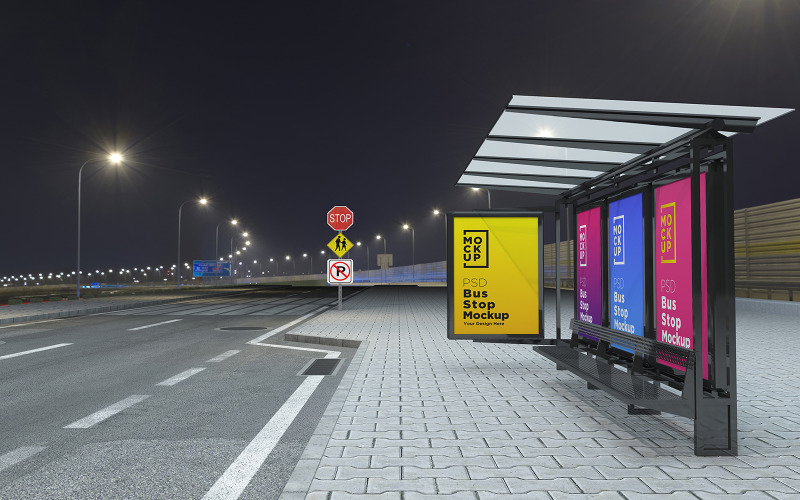 Download Мокап для продукта "Night View Bus Stop 4 Sign product mockup" / Night View Bus Stop 4 Sign product mockup - Мокап для продукта на тему графика communication,mock up,signboard,transport,road,roadside,frame,station,billboard,street,city,board,poster,blank,mockup,commercial,bus,stop,advertisement marketing,advertisement