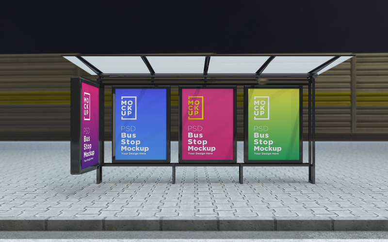 Download Мокап для продукта "Night View Bus Stop 4 signage product mockup" / Night View Bus Stop 4 signage product mockup - Мокап для продукта на тему графика communication,mock up,signboard,transport,road,roadside,frame,station,billboard,street,city,board,poster,blank,mockup,commercial,bus,stop,advertisement marketing,advertisement