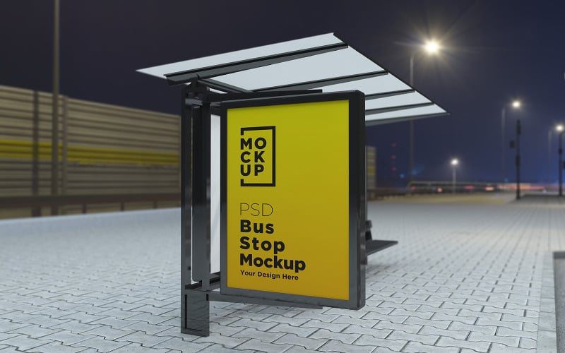 Download Мокап для продукта "Night View Bus Stop Billboard product mockup" / Night View Bus Stop Billboard product mockup - Мокап для продукта на тему графика communication,mock up,signboard,transport,road,roadside,frame,station,billboard,street,city,board,poster,blank,mockup,commercial,bus,stop,advertisement marketing,advertisement