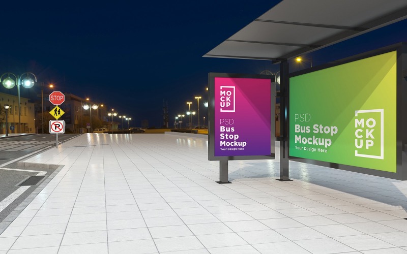 Download Мокап для продукта "Night View Bus Stop Signage product mockup" / Night View Bus Stop Signage product mockup - Мокап для продукта на тему графика communication,mock up,signboard,transport,road,roadside,frame,station,billboard,street,city,board,poster,blank,mockup,commercial,bus,stop,advertisement marketing,advertisement