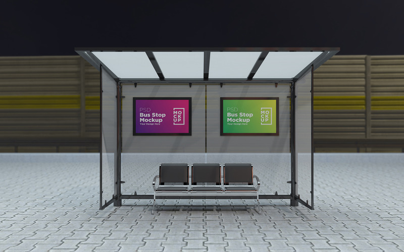 Download Мокап для продукта "Night view Bus Stop with 2 Sign product mockup" / Night view Bus Stop with 2 Sign product mockup - Мокап для продукта на тему графика communication,mock up,signboard,transport,road,roadside,frame,station,billboard,street,city,board,poster,blank,mockup,commercial,bus,stop,advertisement marketing,advertisement