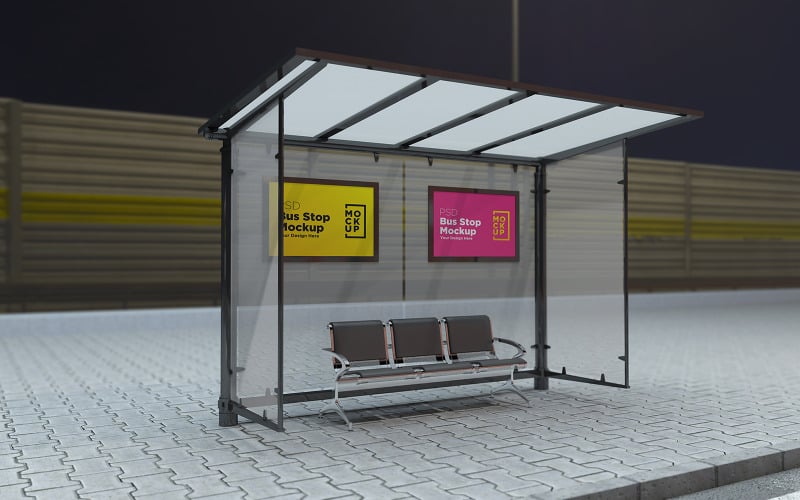 Download Мокап для продукта "Night view Bus Stop with 2 Signage product mockup" / Night view Bus Stop with 2 Signage product mockup - Мокап для продукта на тему графика communication,mock up,signboard,transport,road,roadside,frame,station,billboard,street,city,board,poster,blank,mockup,commercial,bus,stop,advertisement marketing,advertisement