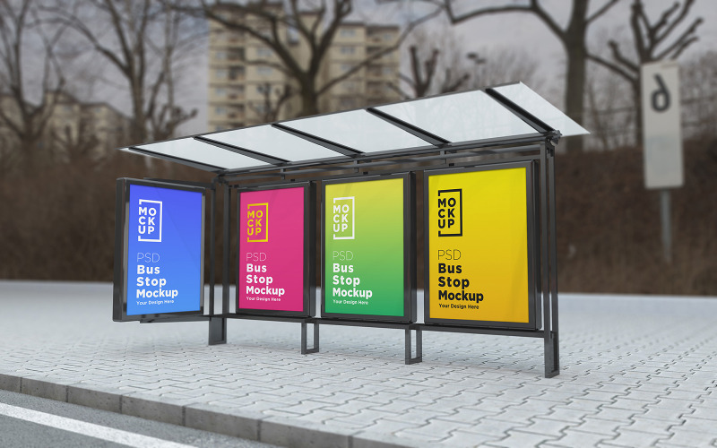 Parada de autobús con maqueta de producto de 4 carteles