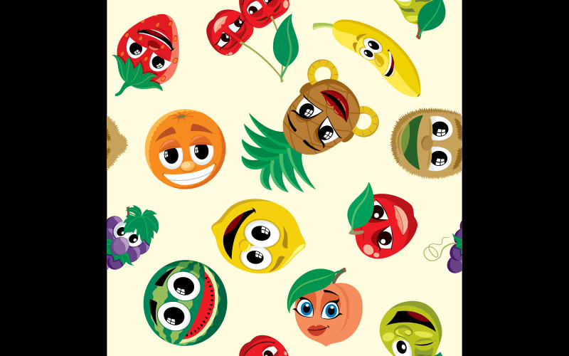 Download Иллюстрация "Cartoon Fruits Pattern - Illustration" / Cartoon Fruits Pattern - Illustration - Иллюстрация на тему графика fruit,cartoon,funny,pattern,seamless,tile,background,fun,cute,smiling,smiley face,face,character,strawberry,lemon,apple,watermelon,orange,grapes,pear