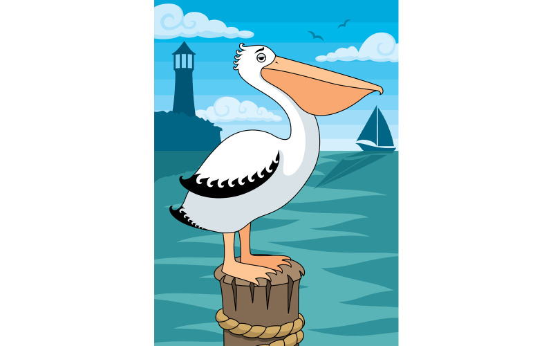 Download Иллюстрация "Pelican - Illustration" / Pelican - Illustration - Иллюстрация на тему графика pelican,bird,pouch,water,sea,bay,lighthouse,perch,horizon,clouds,boat,yacht,cordage,cartoon,vector,illustration,clip art,clipart,design element