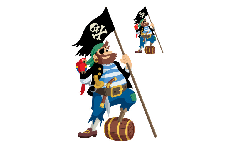 Download Иллюстрация "Pirate - Illustration" / Pirate - Illustration - Иллюстрация на тему графика pirate,buccaneer,thug,outlaw,criminal,sailor,cartoon,character,eye patch,hook,wooden leg,beard,cask,rum,pirate flag,flag,jolly roger,skull,bones,gun