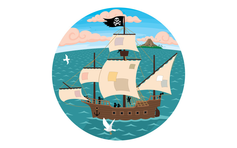 Download Иллюстрация "Pirate Ship - Illustration" / Pirate Ship - Illustration - Иллюстрация на тему графика ship,pirate,pirate ship,jolly roger,sail,crew,journey,nautical vessel,sailing,sea,ocean,cruise,sail ship,travel,adventure,sky,clouds,flag,cartoon,wind