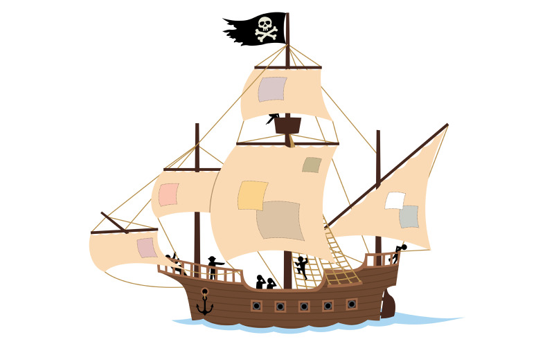 Download Иллюстрация "Pirate Ship on White - Illustration" / Pirate Ship on White - Illustration - Иллюстрация на тему графика pirate,ship,pirate ship,sail ship,sail,jolly roger,isolated,white,background,isolated on white,crew,journey,nautical vessel,sailing,sea,ocean,cruise,travel,adventure,flag