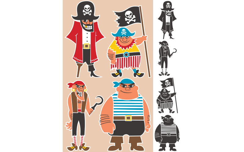 Download Иллюстрация "Pirates - Illustration" / Pirates - Illustration - Иллюстрация на тему графика pirate,pirates,buccaneer,thug,outlaw,criminal,sailor,cartoon,character,captain,flag bearer,bully,eye patch,hook,hat,wooden leg,beard,pirate flag,flag,jolly roger