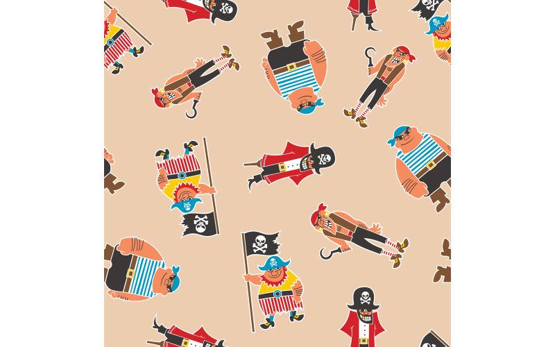 Download Иллюстрация "Pirates Seamless Pattern - Illustration" / Pirates Seamless Pattern - Illustration - Иллюстрация на тему графика pirate,pattern,seamless,tile,buccaneer,thug,outlaw,criminal,sailor,cartoon,character,captain,flag bearer,bully,eye patch,hook,hat,wooden leg,beard,pirate flag