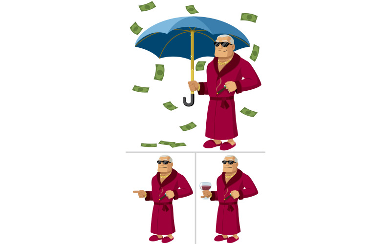 Download Иллюстрация "Rich Man - Illustration" / Rich Man - Illustration - Иллюстрация на тему графика rich,man,wealthy,successful,millionaire,billionaire,cartoon,illustration,vector,isolated,white,wealth,success,money,cash,rain,umbrella,robe,cigar,wine