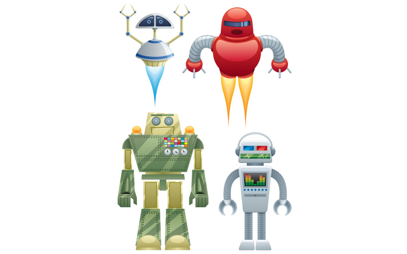 Download Иллюстрация "Robots - Illustration" / Robots - Illustration - Иллюстрация на тему графика robot,cartoon,toy,retro,old,shiny,tin,metal,vector,illustration,isolated,white,dj,music,headphones,general,military,flying,red,green