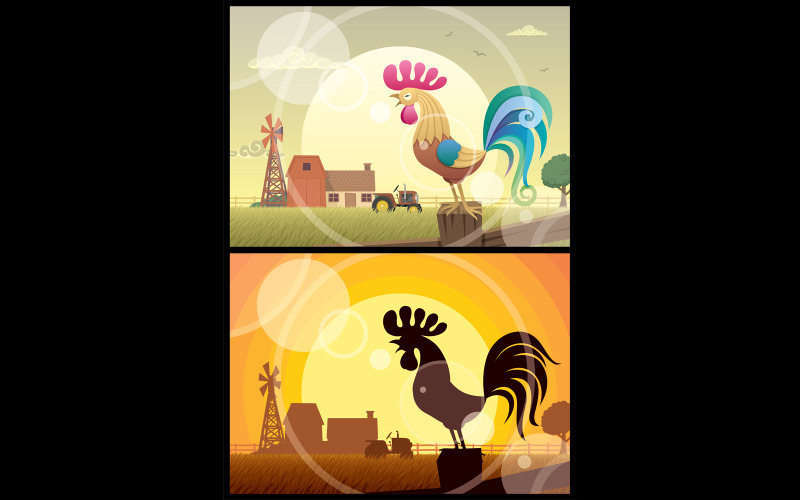 Download Иллюстрация "Rooster Crowing - Illustration" / Rooster Crowing - Illustration - Иллюстрация на тему графика rooster,cock,cockerel,chicken,crow,crowing,wake up call,sun,sunrise,dawn,morning,silhouette,breakfast,landscape,cartoon
