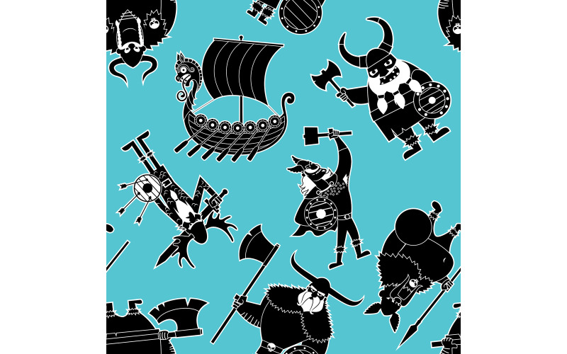 Download Иллюстрация "Viking Silhouettes Pattern - Illustration" / Viking Silhouettes Pattern - Illustration - Иллюстрация на тему графика viking,silhouette,black,pattern,seamless,tile,background,ship,berserker,cartoon,character,warrior,soldier,pirate,barbarian,bully,sailor,medieval,history,nordic