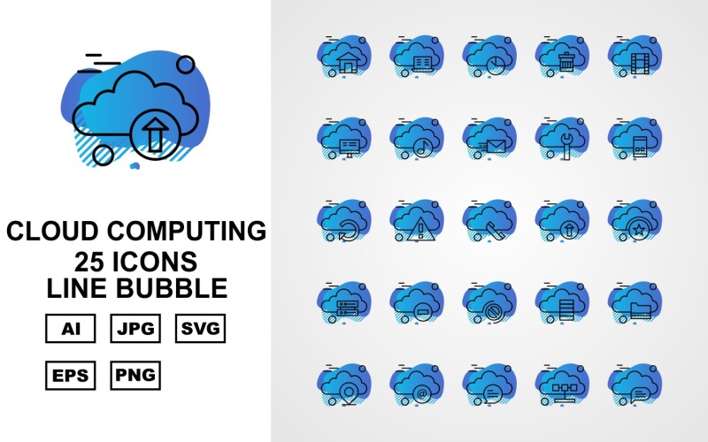 25 Conjunto de ícones de bolha de linha de computação em nuvem premium
