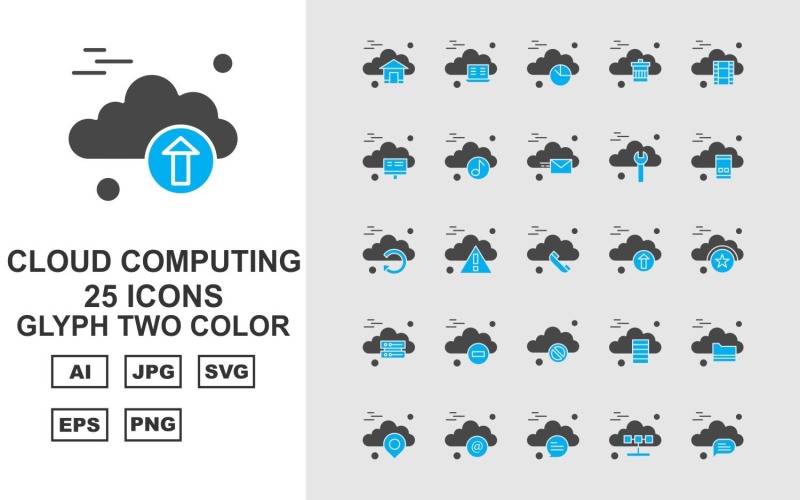 Download Набор иконок "25 Premium Cloud Computing Glyph Two Color Icon Set" / 25 Premium Cloud Computing Glyph Two Color Icon Set - Набор иконок на тему music home,alert,server,folder,location,at the rate,chat,laptop,pie,recycle bin,film,lcd,music,mail,screwdriver,mobile,reload,telephone,upload,icon