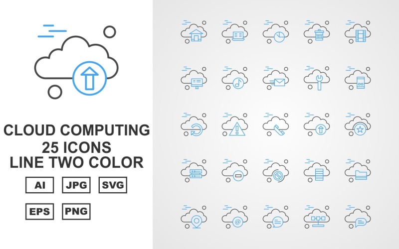 Download Набор иконок "25 Premium Cloud Computing Line Two Color Icon Set" / 25 Premium Cloud Computing Line Two Color Icon Set - Набор иконок на тему music home,alert,server,folder,location,at the rate,chat,laptop,pie,recycle bin,film,lcd,music,mail,screwdriver,mobile,reload,telephone,upload,icon