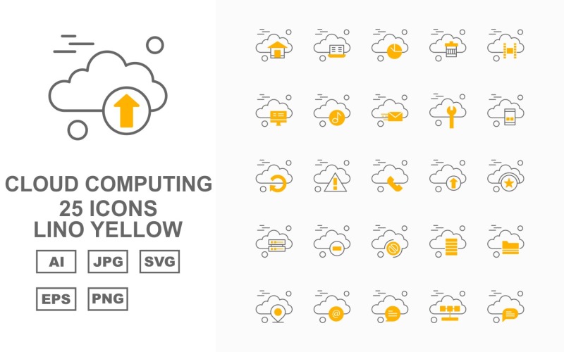 Download Набор иконок "25 Premium Cloud Computing Lino Yellow Icon Set" / 25 Premium Cloud Computing Lino Yellow Icon Set - Набор иконок на тему music home,alert,server,folder,location,at the rate,chat,laptop,pie,recycle bin,film,lcd,music,mail,screwdriver,mobile,reload,telephone,upload,icon