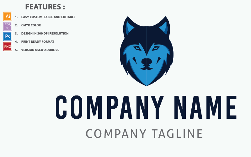 Download Шаблон логотипа "Blue Wolf Vector Design Logo Template" / Blue Wolf Vector Design Logo Template - Шаблон логотипа на тему графика illustration,blue,wolf,graphic,design,modern,head,icon,mascot,template,emblem,sign,symbol,wild,animal,isolated,sport,team,football,grin