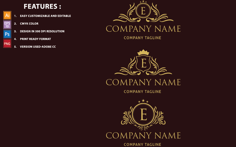 Download Шаблон логотипа "Golden E Letter Luxury Vector Design Logo Template" / Golden E Letter Luxury Vector Design Logo Template - Шаблон логотипа на тему графика royal,luxury,classic,elegant,vector,design,decor,modern,ornament,template,letter,vintage,decorative,boutique,element,decoration,logo,flourish,swirl,style