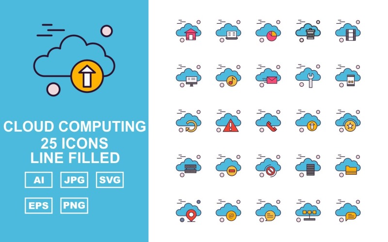 Download Набор иконок "25 Premium Cloud Computing Line Filled Icon Set" / 25 Premium Cloud Computing Line Filled Icon Set - Набор иконок на тему music home,alert,server,folder,location,at the rate,chat,laptop,pie,recycle bin,film,lcd,music,mail,screwdriver,mobile,reload,telephone,upload,icon