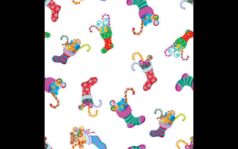 Download Иллюстрация "Christmas Socks Pattern - Illustration" / Christmas Socks Pattern - Illustration - Иллюстрация на тему графика christmas,stocking,stockings,sock,socks,christmas stocking,pattern,seamless,tile,present,gift,candy,cane,candy cane,doll,teddy bear,collection,set,celebration