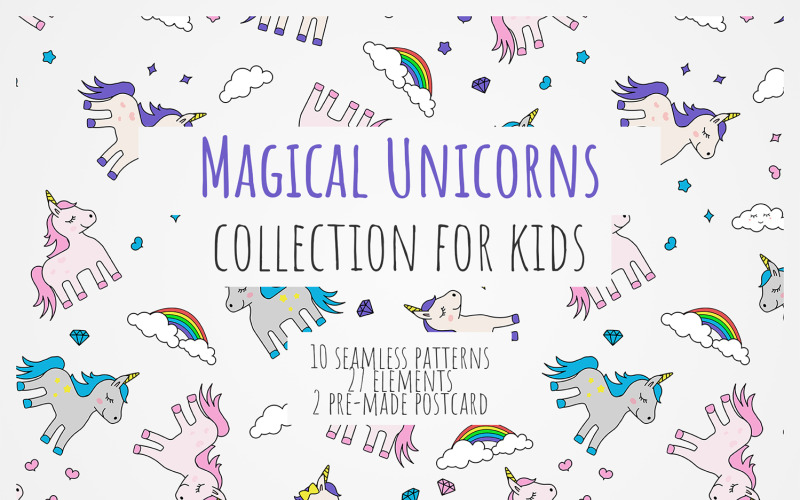Modello di raccolta magici unicorni